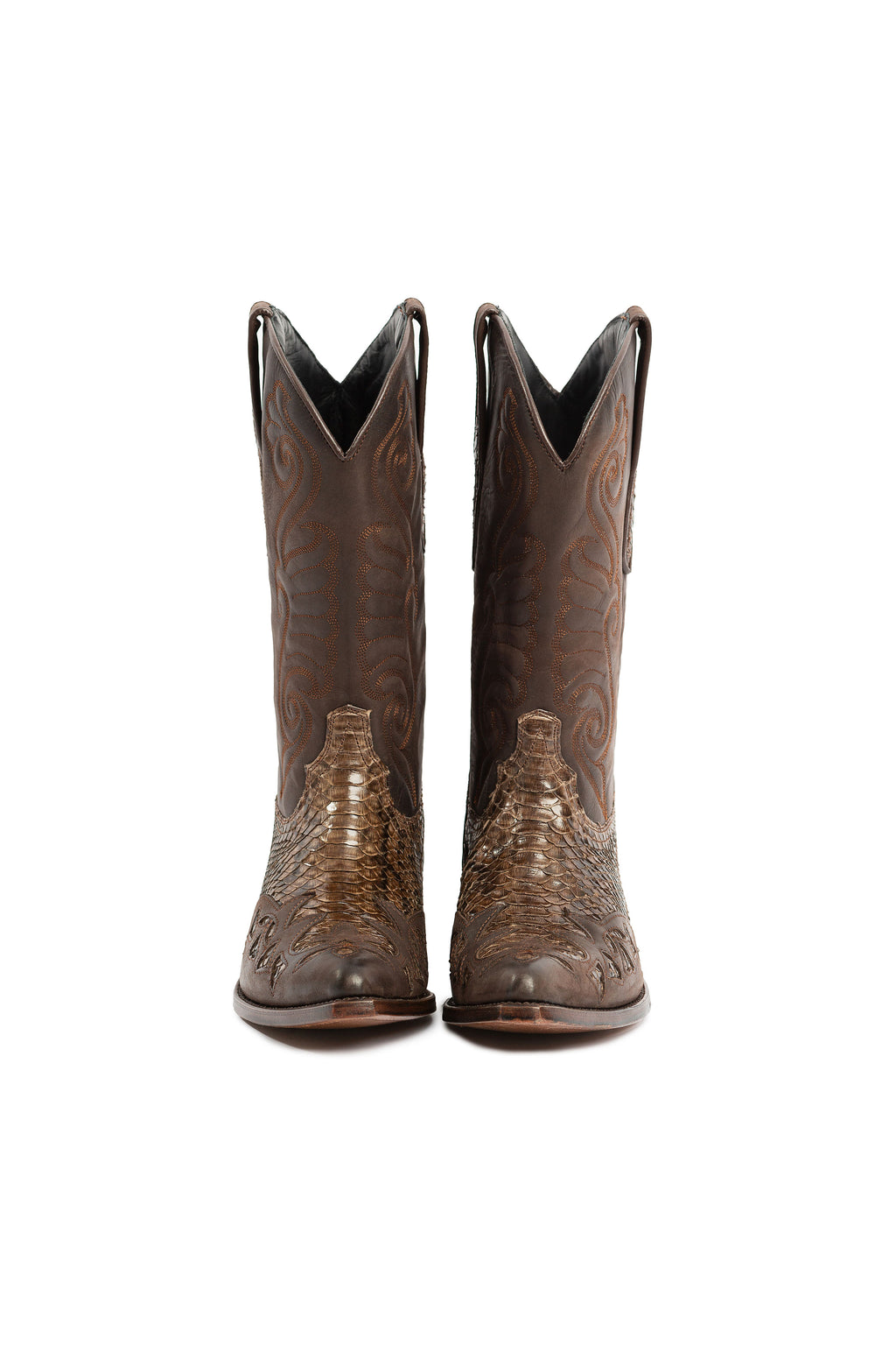 Side view of Big Creek Trail python western boots in natural tones