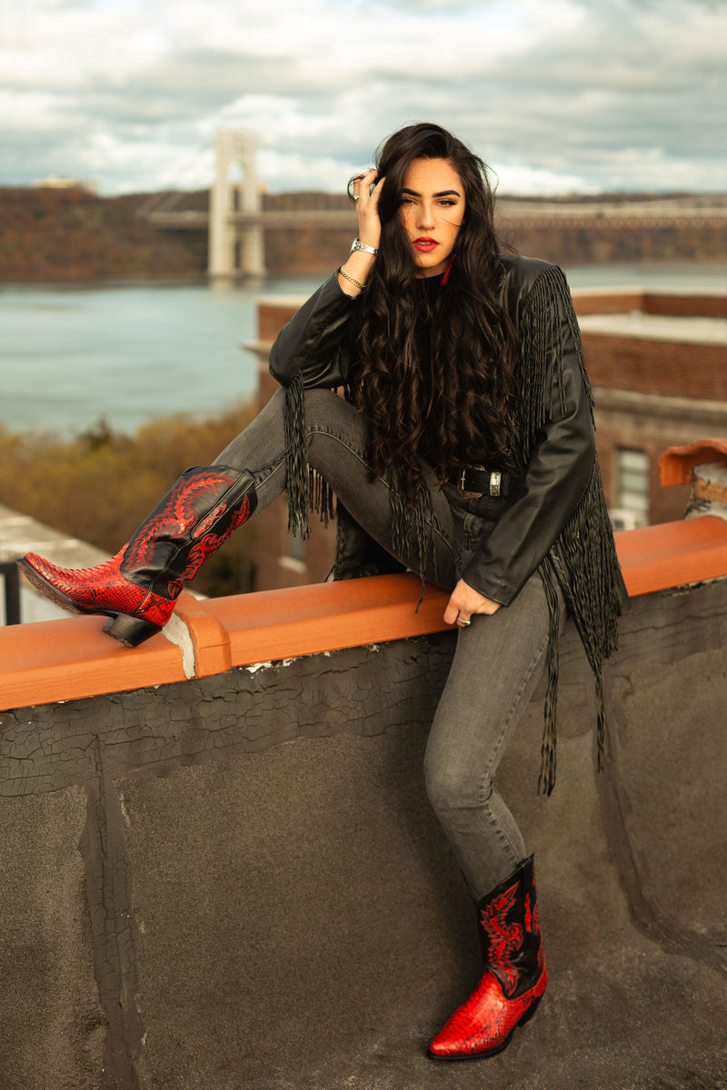 Model styling Eagle Lake red python cowboy boots 