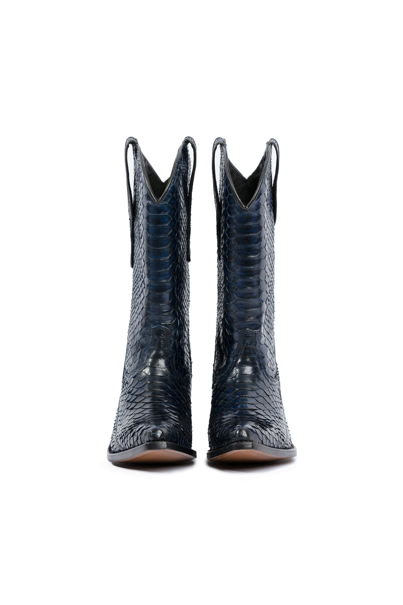 Side view, navy python leather cowboy boots – Drinking Horse