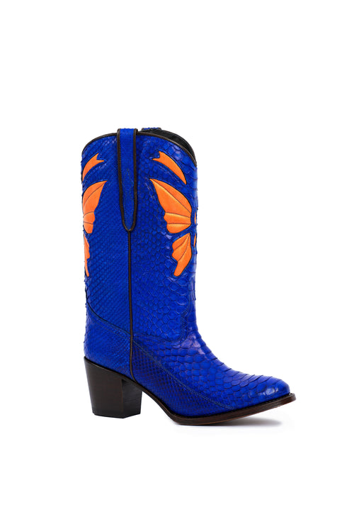 Limestone Creek royal blue python cowboy
boots with orange butterfly inlay – Rockies
Rebels handmade in Italy