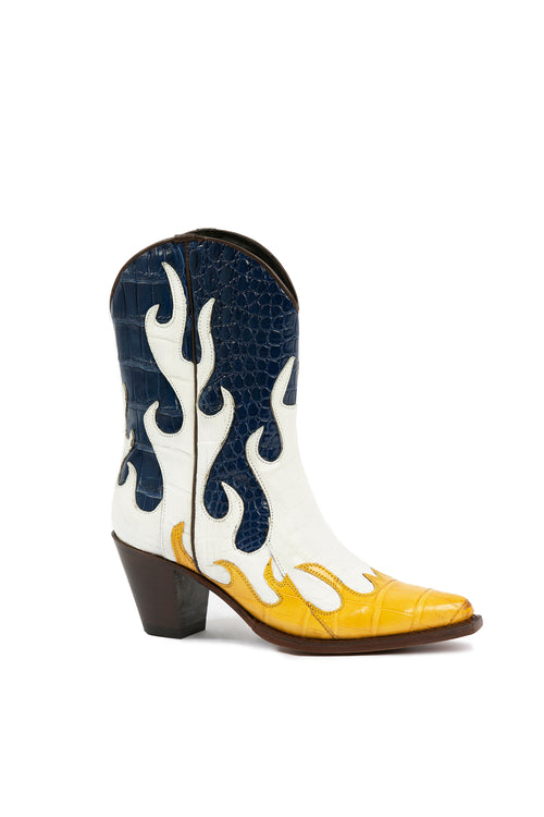 Pine Creek Lake yellow white and navy
alligator western boots with flames – Rockies Rebels handmade in Italy